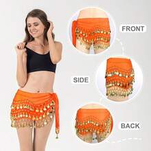 Chiffon Belly Dance Hip Scarf With 128 Coins For Yoga Class - Orange - View 5