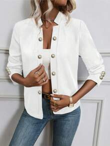 Áo khoác nữ màu trơn, tay dài, cài cúc phía trước, chất liệu nhẹ, thích hợp cho mùa xuân/thu. Màu trắng. - trắng - Xem 3