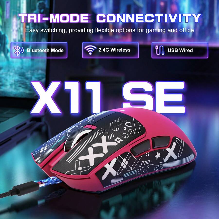 ATTACK SHARK X11SE Lightweight Wireless Gaming Mouse 59g, 3 Modes (2.4G/USB-C/Bluetooth), 22,000 DPI, PAW3311 Optical Sensor, 5 Programmable Buttons, 300mAh Battery, For PC - 莓果紅+貼紙 - 查看 1