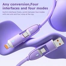 4-In-1 Liquid Silicone Multifunctional Super Fast Charging USB A/Type-C/Lightning LED Lighting Cable, Efficient Data Transfer Compatible With IPhone 16/15/14/13/12/11/Xs/Xr/8/7/6, S24 Ultra/S24/S23 Ultra/S23/S22/S21, Universal Data Cable Compatible With IPhone, Android, Camera, MP3 Universal Adapter Charger