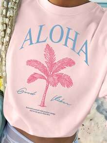 Áo thun cotton gân nữ, họa tiết phong cách Hawaii, quần áo thể thao nữ mới mùa xuân và mùa hè phong cách đại học, áo thun nữ tay ngắn màu hồng mềm mại thoáng khí thời trang - Hồng - Xem 2