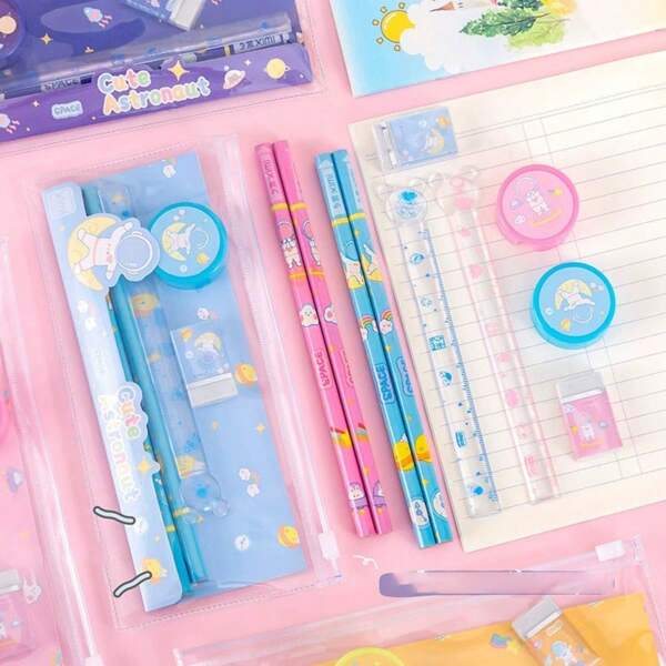 1pc Back To School Cartoon Stationery Set, Pencil Case, 6-Piece Reward Gift Set