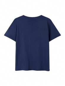 100% Cotton Ladies' T-Shirt, Short Sleeves, Crew Neck, New For Summer 2025, Cute Illustration, Simple And Stylish, Cute Animal Design On Shirt, Casual, Crew Neck - 藏蓝色 - 查看 3