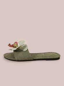 French Floral Strap Slip-On Flat Sandals For Women, New Summer Fashion Casual Outdoor Slide Slippers Suitable For Date, Shopping, Party, Beach Holiday, Home - Army Green - View 4