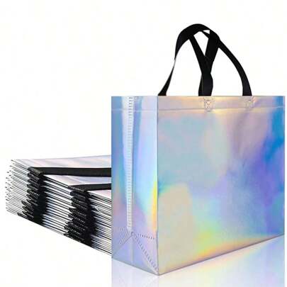 10pcs Shiny Rainbow Holographic Gift Bags, Suitable For Birthday And Wedding, 13" X 5" X 11" Large Reusable Gift Bags, Party Supplies, Fit For Easter Celebration, Suitable For All Occasions And Events