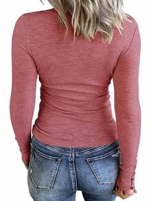 Women's Long Sleeve Henley Shirts Button Down Tops Scoop Neck Ribbed Knit Shirts - 粉色 - 查看 2