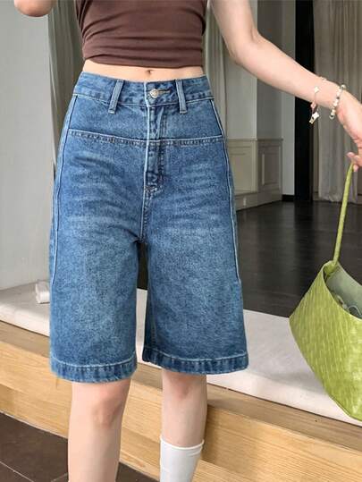 Quần short denim ống rộng chữ A màu xanh cổ điển ôm sát, nhẹ