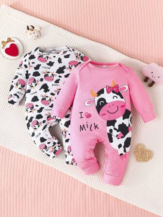 Infant Girls' Spring Autumn Cute Cow Letter Print Long Sleeve Round Neck Jumpsuit Casual Loungewear Set