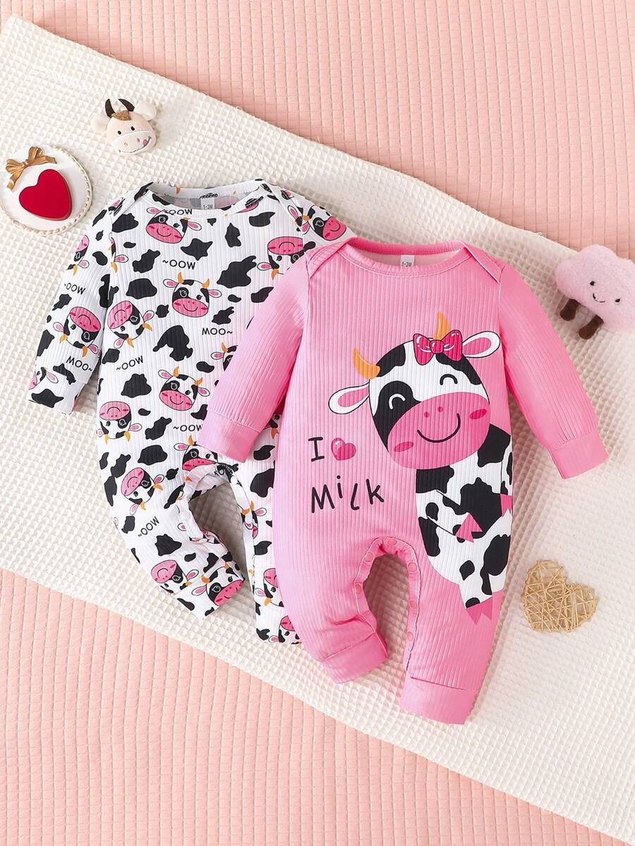 Infant Girls' Spring Autumn Cute Cow Letter Print Long Sleeve Round Neck Jumpsuit Casual Loungewear Set - Multicolor - View 1