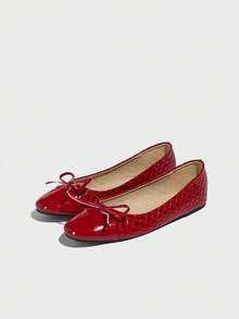 Women's Casual Patent Leather Red Ballet Flats With Bow, Soft Sole Versatile Round Toe Comfortable Plus Size, New Spring/Autumn 2025 - Red - View 6