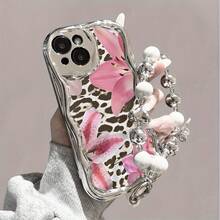 Funda para Teléfono 1PC Electrochapada Ondulada con Cadena Colgante de Perlas, Funda Protectora Anticaídas y Antigolpes, Accesorios de Moda Compatible con las Series 11, 12, 13, 14, 15, 73, Pro y Pro Plus - Moderna y De - Colores mixtos 3 - Ver 5