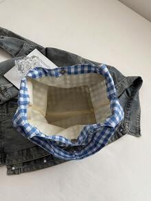 女士时尚大容量背包，彩色格子托特包2025新款，休闲百搭轻便通勤大包，女士购物托特包，沙滩旅行包 - 藍色 - 查看 7