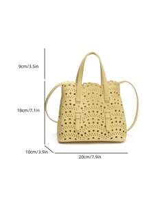 夏季镂空设计女士手提包，高端小众图案装饰单肩包，休闲百搭可调节肩带设计斜挎包，开放式多功能简约轻便收纳单肩包