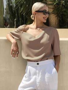 Livesso 1 件女士纯色不对称领短款泡泡袖时尚优雅衬衫，短袖上衣夏季 - 咖啡棕 - 查看 5