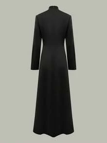 女士V领长袖及踝连衣裙，优雅经典开衩设计，纯色梭织面料，休闲舒适黑色春季款 - 黑色 - 查看 2