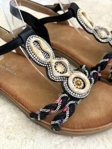 Women's Flat Sandals, Braided Rhinestone Design Beach Sandals, Bohemian Style, Suitable For Summer Vacation. - Black - View 3