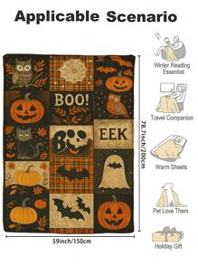 Halloween1pc Retro Card Ventilation Flannel Blanket, Printed With Pumpkin, Owl, Black Cat Elements Throw Blankets, Blanket For Bed, Tapestry, Suitable For Home Decor, Bedroom Decor, Room Decoration Stuff, Living Room Decor, Picnic Blanket, Best Friend Gifts, Bed,Birthday Present.