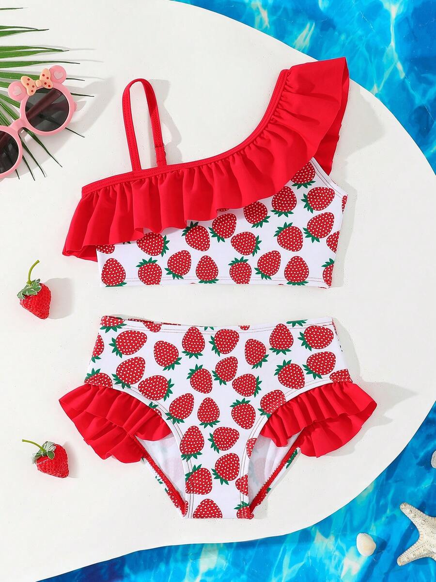 Strawberry Sweetheart One Shoulder Ruffle Young Girl Beach Swimsuit - Multicolor - View 1