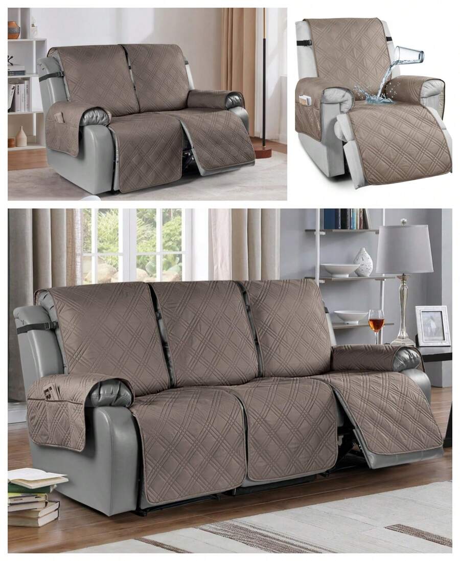 1/2/3 Seat Waterproof Recliner Sofa Cover, Non Slip Recliner Chair Covers, Washable Reclining Couch Cover Outdoor Cushion Covers Garden Furniture Protector With Elastic Straps Pocket For Pets, Cats, Dogs Taupe - 灰褐色 - 查看 1