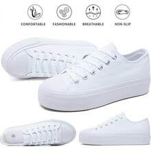 White Platform Sneakers For Women, Low Top Canvas Shoes - 白色單色 - 查看 6