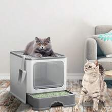 Große Katzentoilette mit 2 Kanälen, geschlossenes Design, mit Schublade, Schaufel, schmutzabweisend, auslaufsicher, 50 x 37 x 38 cm - Grau - Übersicht 4