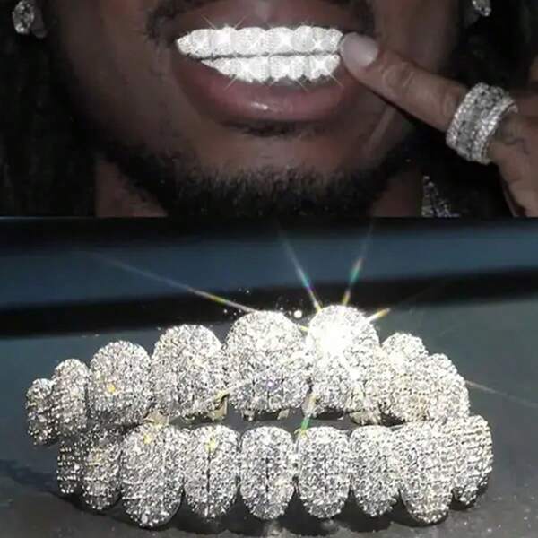 1/2 Hip Hop glänzende 18K vergoldete Schmuckstücke aus kubischem Zirkonia für die Zähne, Jugendliche Grillz für 10 Zähne im Ober- und Unterkiefer, Punk-Armbänder, Halloween-Kostüme, Rap, atemberaubender Schmuck