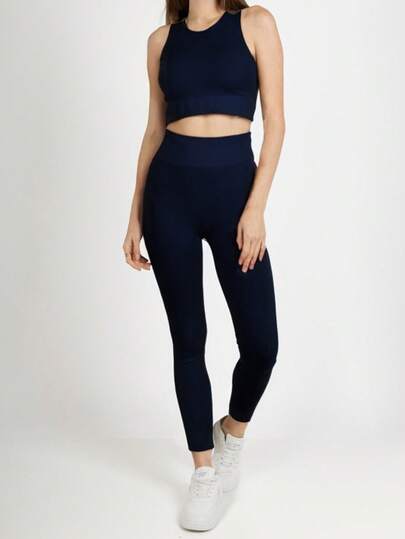 CHERRY KOKO Dehnbares Damen Strick-Set, Rundhals/ärmellos/hohe Taille/enge Passform, einfarbig, Crop Top, Sportbekleidung, 2 Teile, Lässig, Sommer