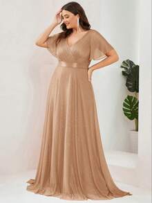Vestido de verano elegante de manga corta con cuello en V y cola larga para talla grande, vestido de dama de honor, vestido de madre de la novia para fiesta de boda primaveral - Oro rosa - Ver 5