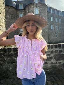 Women Shirt, Fly Sleeve Button-Down Plaid/Floral Loose Summer Tops For Casual Daily - Pink - View 2