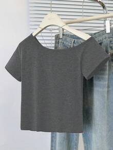 性感不对称领短袖修身露脐T恤 夏季 - 深灰 - 查看 7