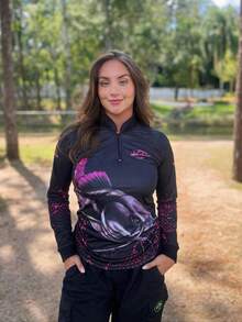 Camisa Camiseta de Pesca Feminina Pirarara Gola Zíper Proteção Solar UV New Fisher NF28F
