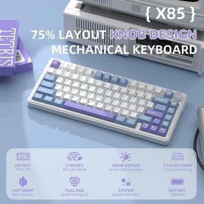  ATTACK SHARK X85 Teclado Mecânico Gamer Sem Fio com Knob, Hot Swappable, Conexão BT/2.4GHz/USB-C, Keycaps PBT com Impressão Lateral, Layout 75% com Gasket e RGB, Switch Linear White Jade para PC/Windows