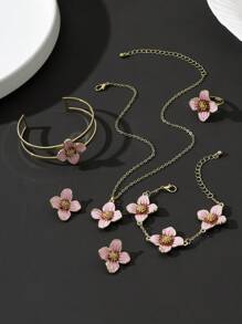 1 conjunto romântico de colar com pingente de flor de quatro folhas pintadas em rosa suave, 1 par de brincos, 1 anel, 1 pulseira, 1 bracelete - conjunto de joias femininas