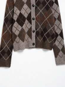 山茶花女装秋冬新款菱格纹长袖单排扣休闲开衫 - 棕色 - 查看 8