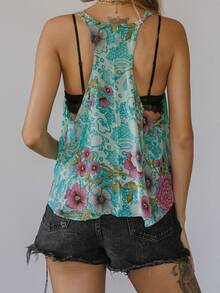 Women Summer Sleeveless Round Neck Tank Tops Vintage Floral Print Asymmetrical Hem Vest Shirts - Màu xanh nhạt - Xem 2