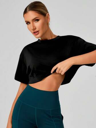 Damen Lässig Kurzarm Crop Top, einfarbiges Basic Trainings T-Shirt für den Sommer