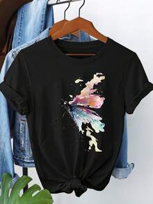 Short-Sleeved T-Shirt With Round Neck And Gradient Print - 黑色 - 查看 1