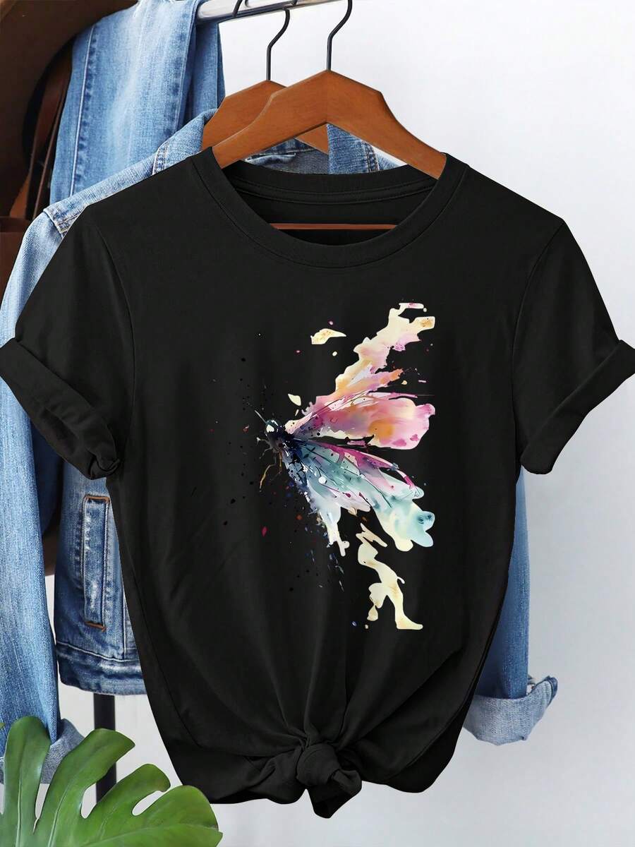 Short-Sleeved T-Shirt With Round Neck And Gradient Print - 黑色 - 查看 1