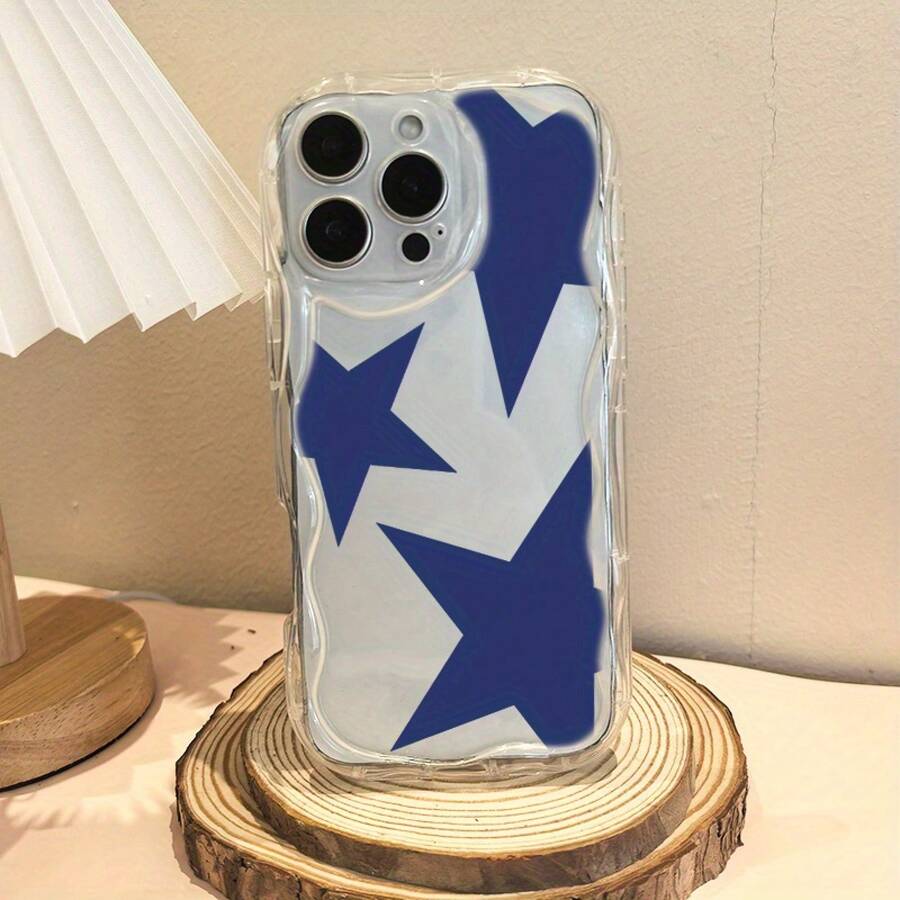 Funda para teléfono 1 funda para teléfono X/11/12/13/14/15/16 Pro | Diseño de olas | Chicas y hombres lindos | Estrellas Azul Marino Sobre Fondo Blanco Diseño Simple - transparente - Ver 1