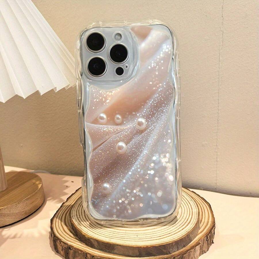 Funda para teléfono 1 funda para teléfono X/ 11/ 12/ 13/ 14/ 15/ 16 Pro | Funda para teléfono Wave | Chicas y hombres lindos | Estampado con perlas de tela brillante Delicado y brillante lujo - transparente - Ver 1