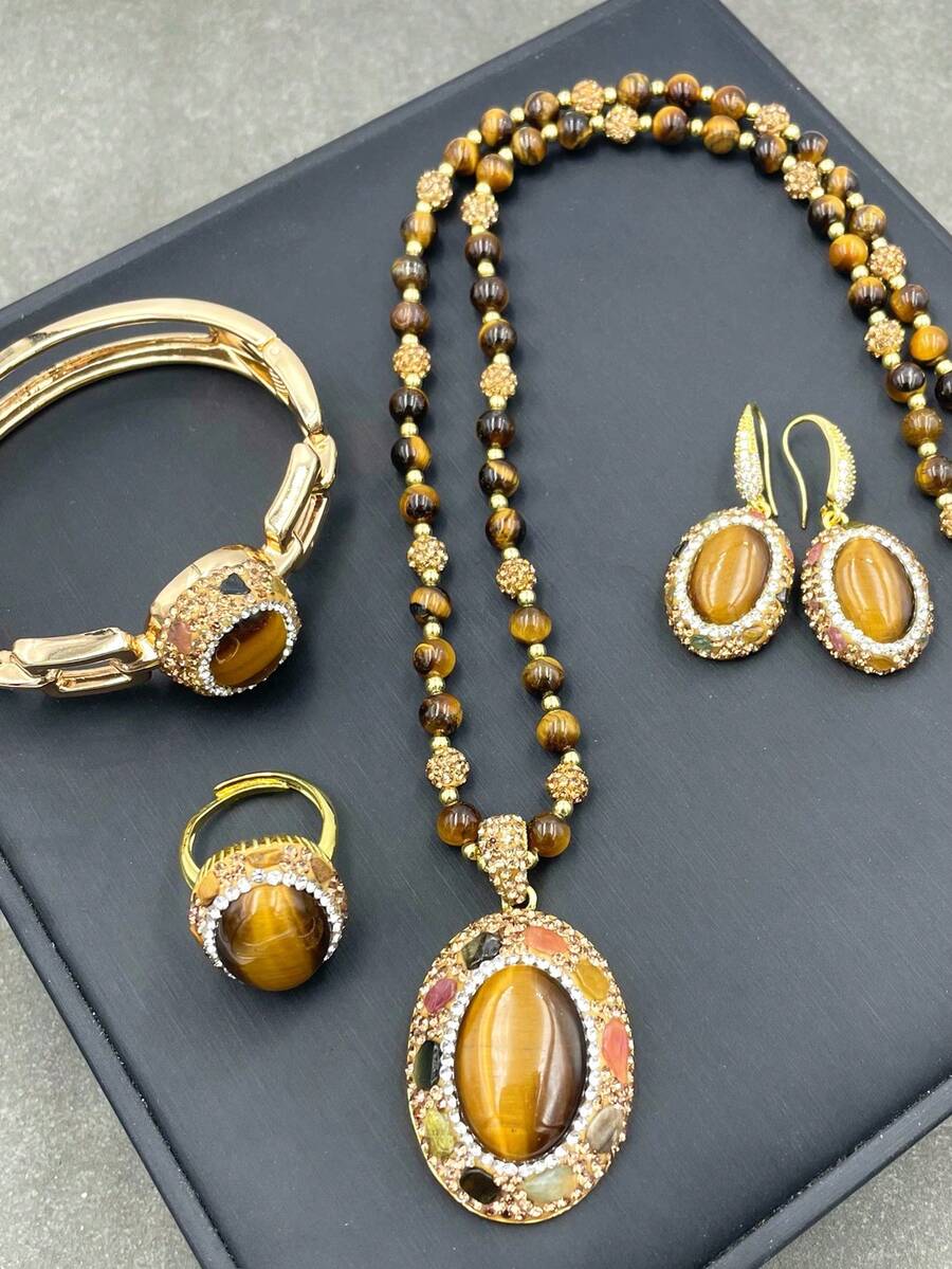 4件套天然虎眼石和东陵石水晶，优雅珍珠，简约风格，跨境电商货源