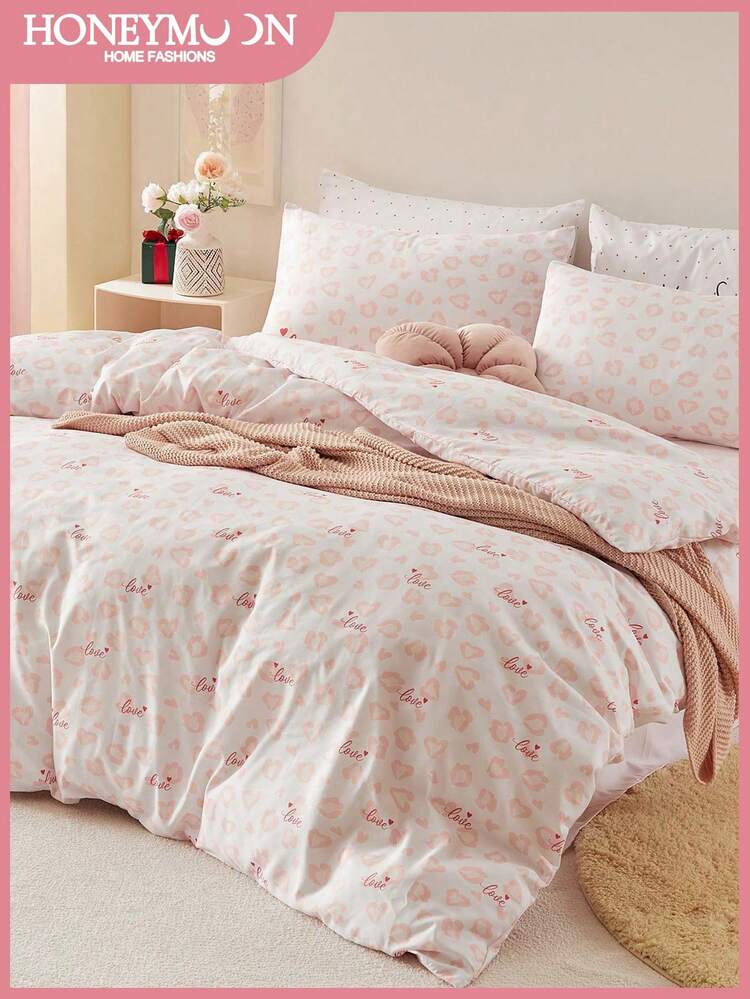 3pcs Pink Leopard Print Heart Pattern Bedding Set, Creative Fashionable Home Decor, Perfect For Sweet Wedding, Suitable For Twin, Full, Queen, King Size Beds