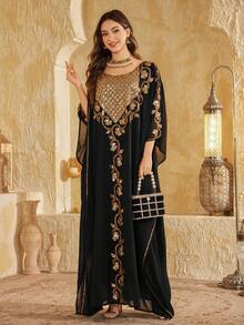 Women's Loose Diamond Grid Knitted Fabric Beaded Embroidered Dress - Black - View 5