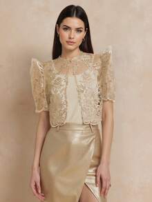 Amyenjoylife 现代菲律宾风蝴蝶袖女士春夏蕾丝泡泡袖短款开衫披肩，香槟色上衣 - 香檳色 - 查看 4