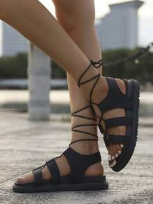 新款厚底罗马凉鞋，复古系带平底舒适女式休闲凉鞋