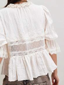 Women 2 Piece Boho Pants Set Short Sleeve Lace Patchwork Ruffle Hem Tops Shirts Drawstring Elastic Waist Long Pants Casual Outfits Beach Vacation Clothes - 白色 - 查看 5