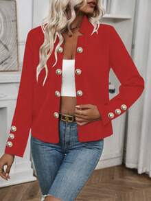 Áo khoác nhẹ tay dài cài nút màu trơn dành cho nữ, mùa xuân và mùa thu - Đỏ - Xem 4