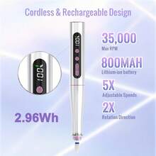 M MISS DREAM 无绳电动指甲钻机，13合1指甲锉套装，35000RPM专业便携式可充电E型锉刀，用于丙烯酸抛光凝胶去除，美甲修脚套装，5档速度