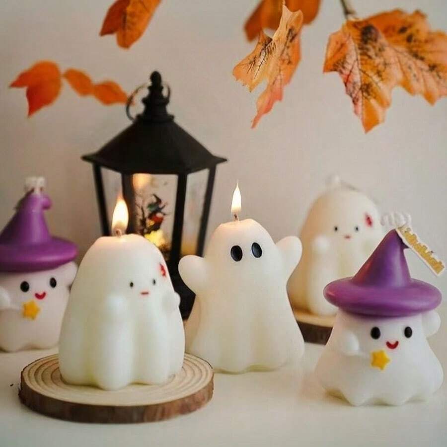 شمعة معطرة على شكل شبح لهالوين - شمعة هالوين محمولة | طقم شموع اليقطين الشبح | شموع معطرة بشكل ساحر سهلة الاستخدام | شموع بيضاء مخيفة لهالوين لديكور المنزل والاكسسوارات