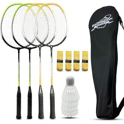 Badminton Rackets Set Of 4 Outdoor Backyard Games, Including 4 Racquets,4 Shuttlecocks, 4 Grip Tapes & 1 Carry Bag